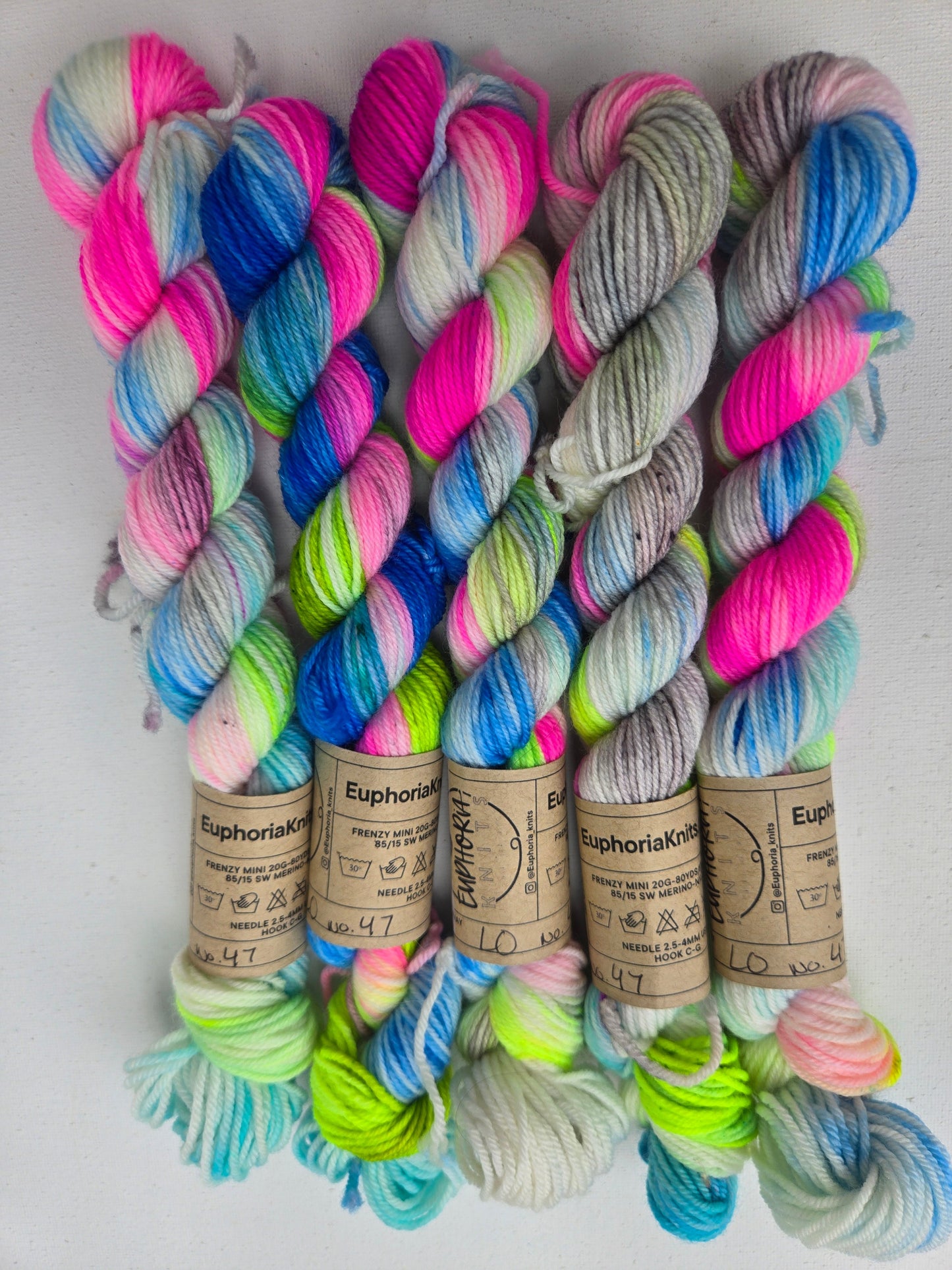 Colorful yarn skeins with labels on a white background